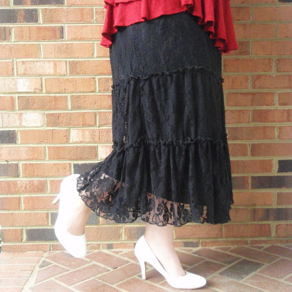 Black Lacy Tiered Midi Skirt